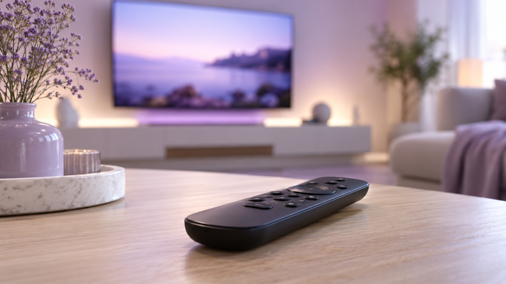 Télécommande posée sur une table basse devant une télévision connectée
