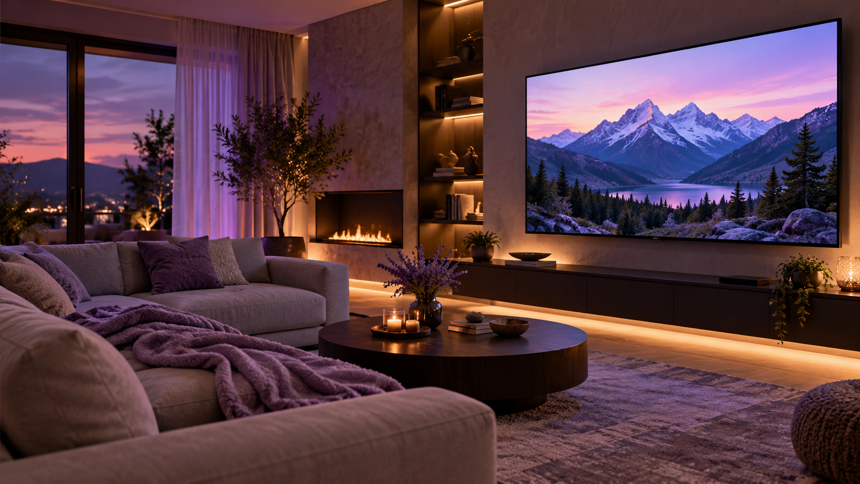 Salon le soir avec un grand téléviseur mural affichant un paysage de montagne