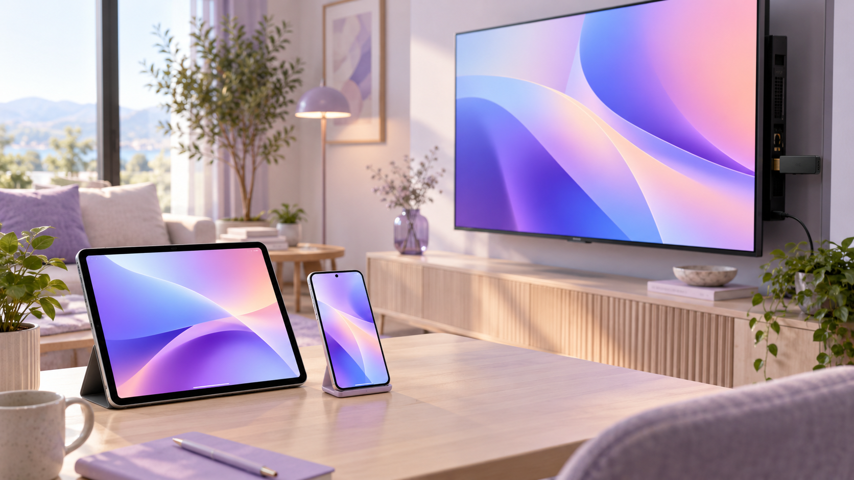 Tablette, smartphone et clé de streaming posés près d'un téléviseur